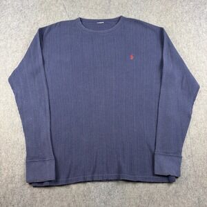 VTG Polo Ralph Lauren Mens Large Long Sleeve Waffle Knit Thermal Shirt Blue Pony